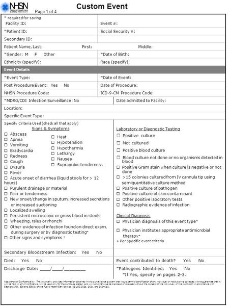 Custom Event Page 1 of 4 * required for saving Facility ID: Event #: *Patient ID:Social Security #: Secondary ID: Patient Name, Last: First: Middle: *Gender: