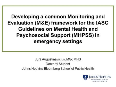 Developing a common Monitoring and Evaluation (M&E) framework for the IASC Guidelines on Mental Health and Psychosocial Support (MHPSS) in emergency settings.