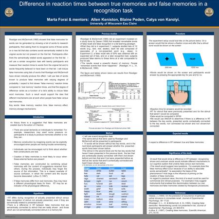 TEMPLATE DESIGN © 2008 www.PosterPresentations.com Difference in reaction times between true memories and false memories in a recognition task Marta Forai.