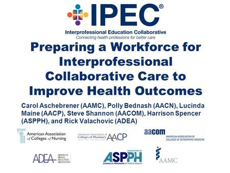 Preparing a Workforce for Interprofessional Collaborative Care to Improve Health Outcomes Carol Aschebrener (AAMC), Polly Bednash (AACN), Lucinda Maine.