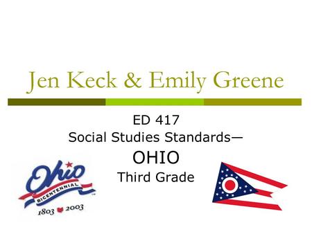 Jen Keck & Emily Greene ED 417 Social Studies Standards— OHIO Third Grade.