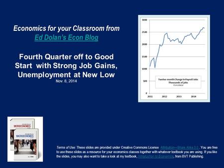 Economics for your Classroom from Ed Dolan’s Econ Blog Fourth Quarter off to Good Start with Strong Job Gains, Unemployment at New Low Nov. 8, 2014 Ed.