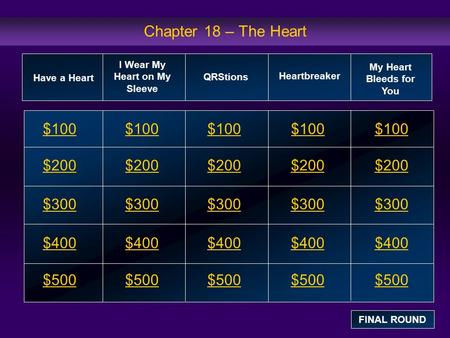 Chapter 18 – The Heart $100 $200 $300 $400 $500 $100$100$100 $200 $300 $400 $500 Have a Heart I Wear My Heart on My Sleeve QRStions Heartbreaker My Heart.