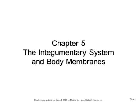 Slide 1 Mosby items and derived items © 2012 by Mosby, Inc., an affiliate of Elsevier Inc. Chapter 5 The Integumentary System and Body Membranes.