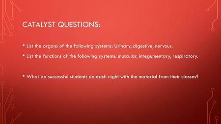 CATALYST QUESTIONS: List the organs of the following systems: Urinary, digestive, nervous. List the functions of the following systems: muscular, integumentary,