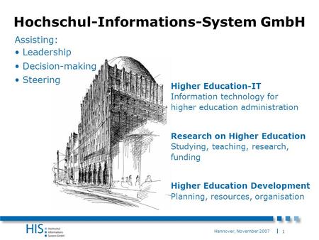 1 Hannover, November 2007 Higher Education-IT Information technology for higher education administration Research on Higher Education Studying, teaching,