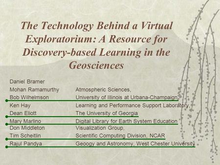 The Technology Behind a Virtual Exploratorium: A Resource for Discovery-based Learning in the Geosciences Daniel Bramer Mohan RamamurthyAtmospheric Sciences,