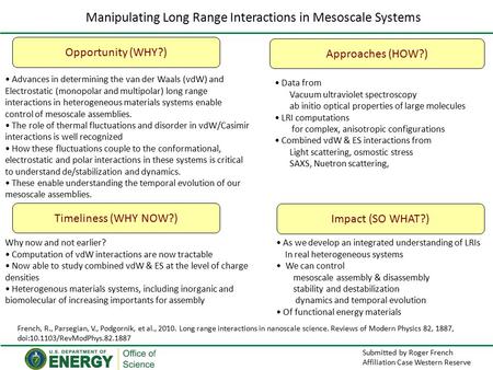 Submitted by Roger French Affiliation Case Western Reserve Manipulating Long Range Interactions in Mesoscale Systems Opportunity (WHY?) Impact (SO WHAT?)