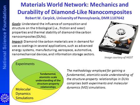 National Science Foundation Goals: Understand the influence of composition and structure on the tribological (i.e., friction and wear) properties and thermal.