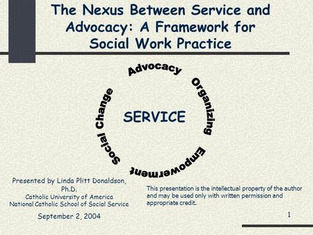 The Nexus Between Service and Advocacy: A Framework for Social Work Practice Presented by Linda Plitt Donaldson, Ph.D. Catholic University of America National.