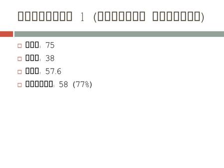 Homework 1 ( Written Portion )  Max : 75  Min : 38  Avg : 57.6  Median : 58 (77%)