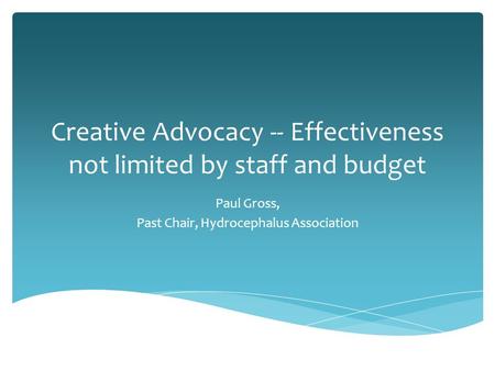 Creative Advocacy -- Effectiveness not limited by staff and budget Paul Gross, Past Chair, Hydrocephalus Association.