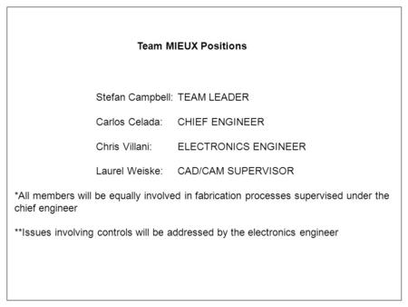 Stefan Campbell: TEAM LEADER Carlos Celada:CHIEF ENGINEER Chris Villani:ELECTRONICS ENGINEER Laurel Weiske:CAD/CAM SUPERVISOR *All members will be equally.