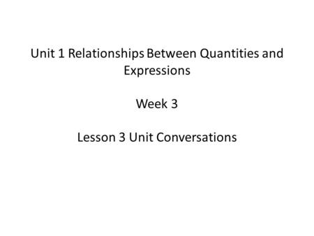 Focus Standards N.Q.1 – Students will use units of measure as a way to understand problems N.Q.2 – Define appropriate quantities for the purpose of descriptive.