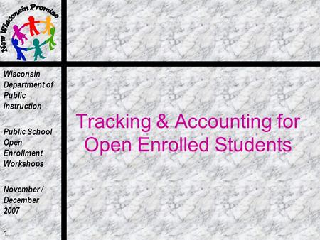 Wisconsin Department of Public Instruction Public School Open Enrollment Workshops November / December 2007 1 Tracking & Accounting for Open Enrolled Students.