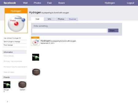 Facebook Hydrogen is preparing to bond with oxygen WallPhotosFlairBoxesHydrogenLogout View photos of Hydrogen (5) Send Hydrogen a message Poke message.