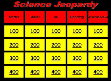 MatterWaterpHBonding Miscellaneous 100 200 300 400 100 200 300 400 200 300 400 200 300 400 100.