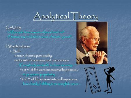 Analytical Theory Carl Jung -“All people have visions of good and evil” -“Humans try to fit their vision of what’s ‘good’”… I. Words to know 1. Self- 1.