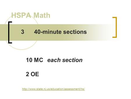 HSPA Math  340-minute sections 10 MCeach section 2 OE.