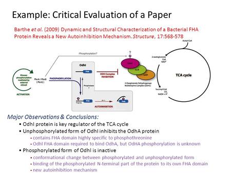 Example: Critical Evaluation of a Paper Barthe et al. (2009) Dynamic and Structural Characterization of a Bacterial FHA Protein Reveals a New Autoinhibition.