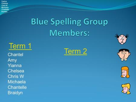 Term 1 Term 2 Blue group Chantel Amy Yianna Chelsea Chris W Michaela Chantelle Braidyn Chantel Amy Yianna Chelsea Chris W Michaela Chantelle Braidyn.