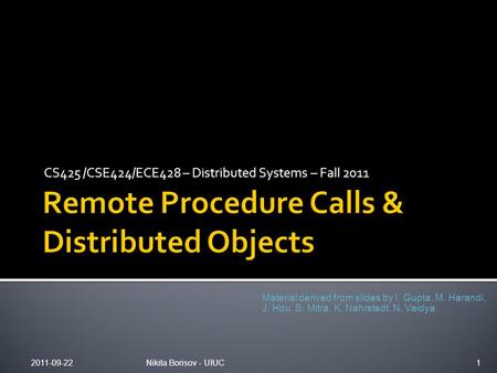 CS425 /CSE424/ECE428 – Distributed Systems – Fall 2011 2011-09-22Nikita Borisov - UIUC1 Material derived from slides by I. Gupta, M. Harandi, J. Hou, S.