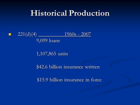 Historical Production 221(d)(4) 1960s - 2007 221(d)(4) 1960s - 2007 9,099 loans 1,107,865 units $42.6 billion insurance written $15.9 billion insurance.