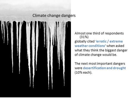 Climate change dangers Almost one third of respondents (31%) globally cited ‘erratic / extreme weather conditions’ when asked what they think the biggest.