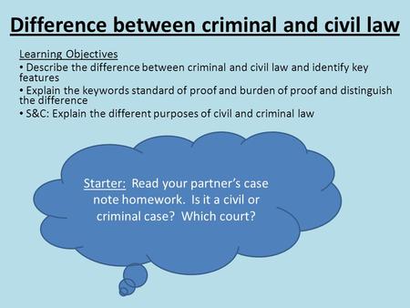 Difference between criminal and civil law Learning Objectives Describe the difference between criminal and civil law and identify key features Explain.