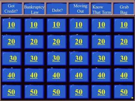 10 20 30 40 50 10 20 30 40 50 10 20 30 40 50 10 20 30 40 50 10 20 30 40 50 10 20 30 40 50 Got Credit? Bankruptcy Law Debt? Moving Out Grab Bag Know That.