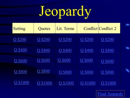 Jeopardy Setting QuotesLit. TermsConflict Conflict 2 Q $200 Q $400 Q $600 Q $800 Q $1000 Q $200 Q $400 Q $600 Q $800 Q $1000 Final Jeopardy.