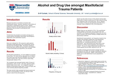 Alcohol and Drug Use amongst Maxillofacial Trauma Patients Dr IP Corbett, School of Dental Sciences, Newcastle University, UK