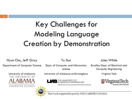 Key Challenges for Modeling Language Creation by Demonstration Hyun Cho, Jeff Gray Department of Computer Science University of Alabama Jules White Bradley.