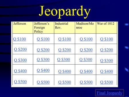 Jeopardy Q $100 Q $200 Q $300 Q $400 Q $500 Q $100 Q $200 Q $300 Q $400 Q $500 Final Jeopardy.