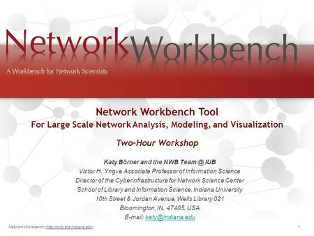 Network Workbench (http://nwb.slis.indiana.edu). 1 Katy Börner and the NWB IUB Victor H. Yngve Associate Professor of Information Science Director.