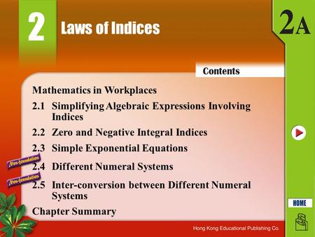 Laws of Indices 2 2.1Simplifying Algebraic Expressions Involving Indices 2.2Zero and Negative Integral Indices 2.3Simple Exponential Equations Chapter.