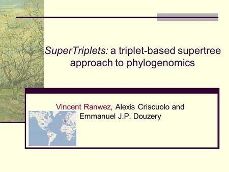 SuperTriplets: a triplet-based supertree approach to phylogenomics Vincent Ranwez, Alexis Criscuolo and Emmanuel J.P. Douzery.