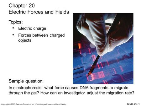 Copyright © 2007, Pearson Education, Inc., Publishing as Pearson Addison-Wesley. Electric charge Forces between charged objects Chapter 20 Electric Forces.