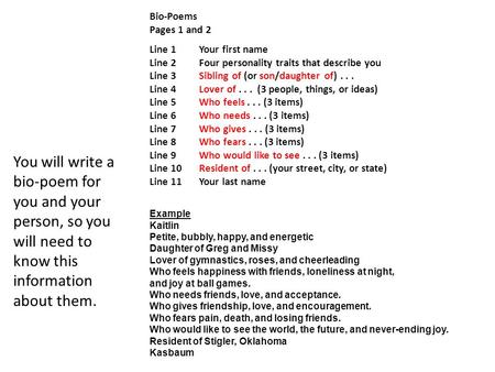 Bio-Poems Pages 1 and 2 Line 1	Your first name