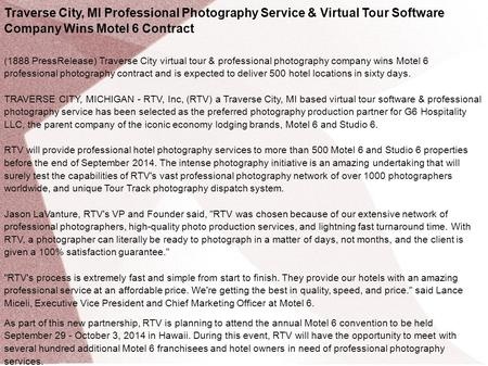 Traverse City, MI Professional Photography Service & Virtual Tour Software Company Wins Motel 6 Contract (1888 PressRelease) Traverse City virtual tour.