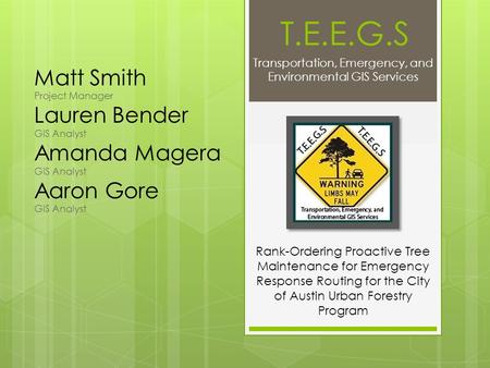 T.E.E.G.S Transportation, Emergency, and Environmental GIS Services Matt Smith Project Manager Lauren Bender GIS Analyst Amanda Magera GIS Analyst Aaron.