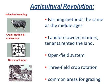 Agricultural Revolution: Farming methods the same as the middle ages Landlord owned manors, tenants rented the land. Open-field system Three-field crop.