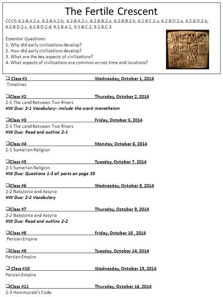 The Fertile Crescent CCCS: 6.2.8.A.2.a, 6.2.8.A.2.b, 6.2.8.A.2.c, 6.2.8.B.2.a, 6.2.8.B.2.b, 6.2.8.C.2.a, 6.2.8.D.2.a, 6.2.8.D.2.b, 6.2.8.D.2.c, 6.2.8.D.2.d,