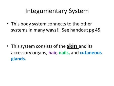 Integumentary System This body system connects to the other systems in many ways!! See handout pg 45. This system consists of the skin and its accessory.