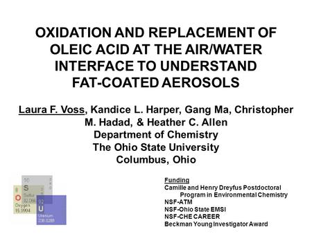 OXIDATION AND REPLACEMENT OF OLEIC ACID AT THE AIR/WATER INTERFACE TO UNDERSTAND FAT-COATED AEROSOLS Laura F. Voss, Kandice L. Harper, Gang Ma, Christopher.