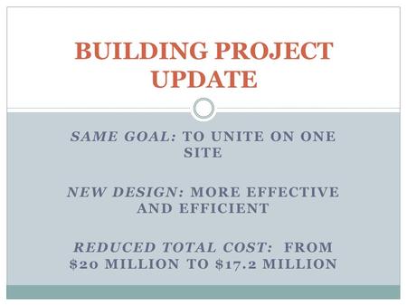 SAME GOAL: TO UNITE ON ONE SITE NEW DESIGN: MORE EFFECTIVE AND EFFICIENT REDUCED TOTAL COST: FROM $20 MILLION TO $17.2 MILLION BUILDING PROJECT UPDATE.