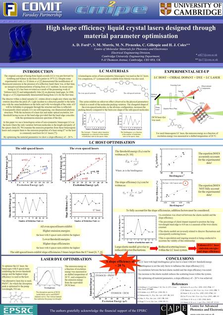 The authors gratefully acknowledge the financial support of the EPSRC High slope efficiency liquid crystal lasers designed through material parameter optimisation.