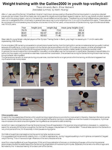 Weight training with the Galileo2000 in youth top-volleyball Thesis University Berlin, Elmar Harbrecht (translated summary by Martin Huizing) After a 1.