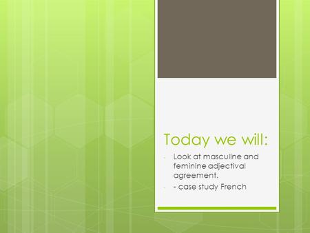 Today we will: - Look at masculine and feminine adjectival agreement. - - case study French.