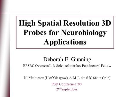 High Spatial Resolution 3D Probes for Neurobiology Applications PSD Conference ’08 2 nd September Deborah E. Gunning EPSRC Overseas Life Science Interface.